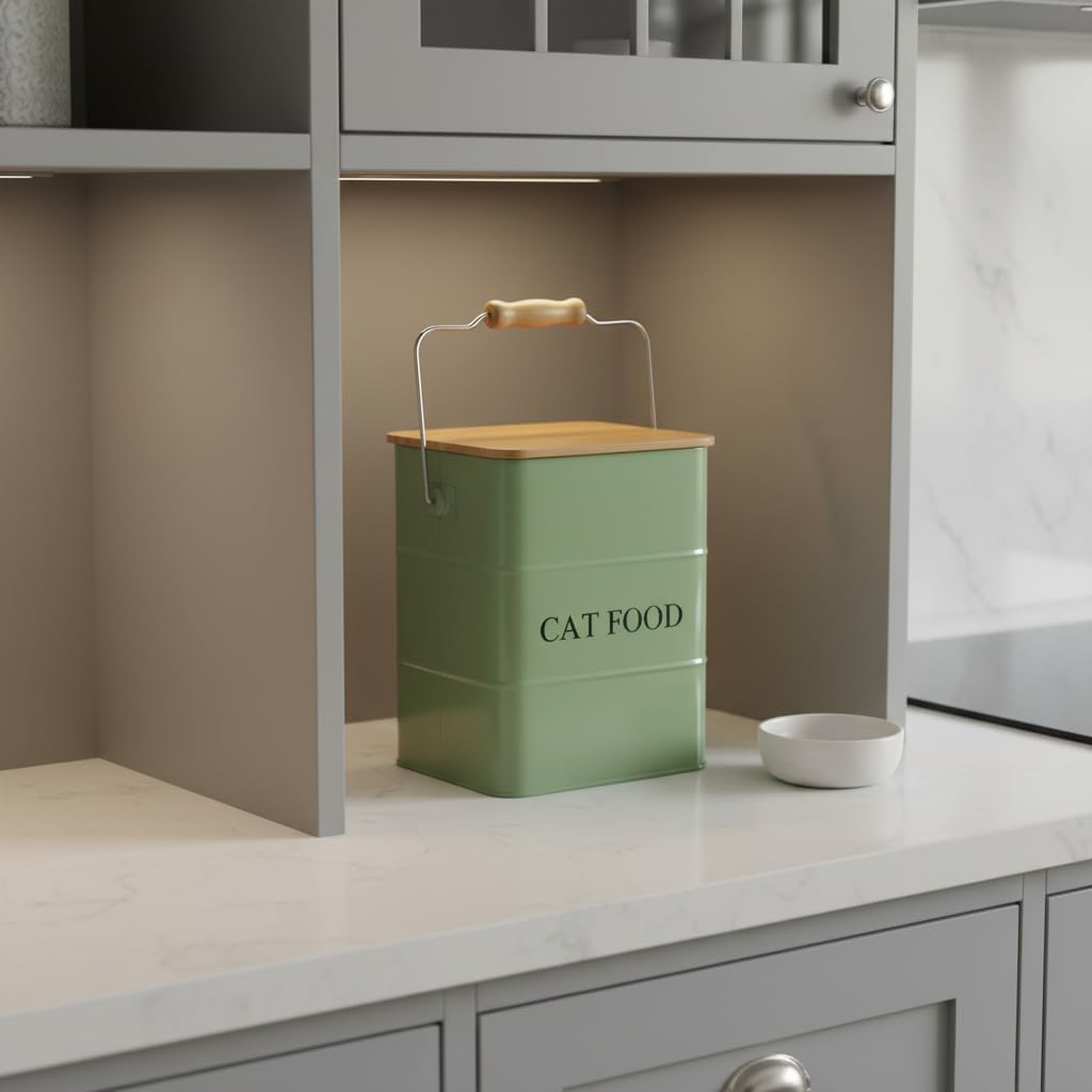 Cat food storage container storage bin with wooden lid scoop included green metal cat food container countertop