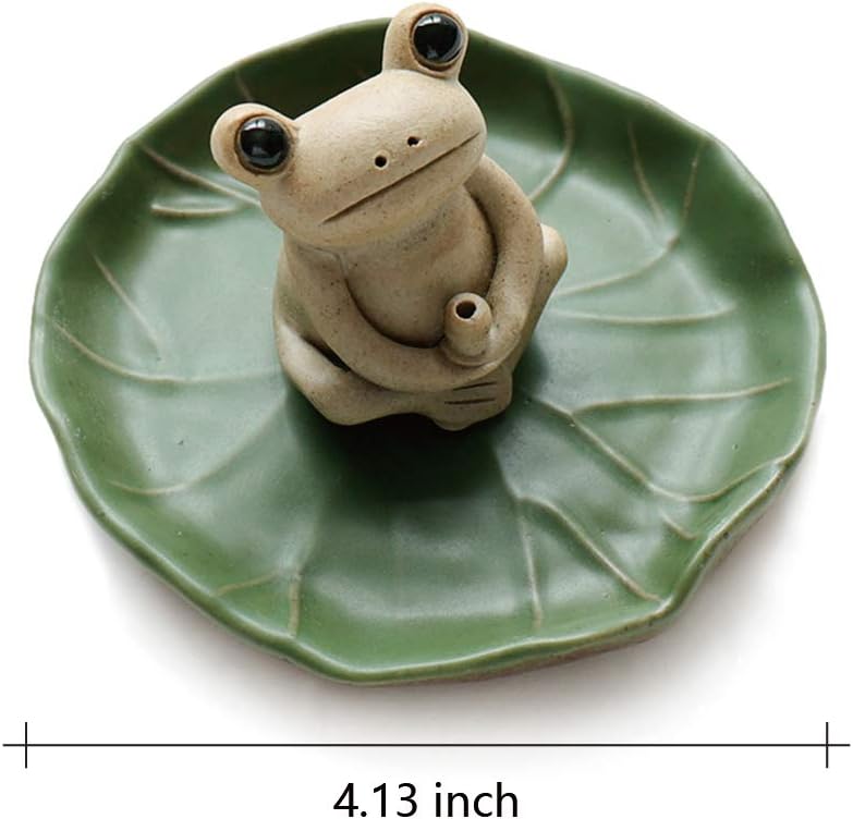 100% Handmade Ceramic Stick Incense Burner Holder,Small Frog Incense,Lotus Leaf Tray,Mini Cute Animal Statue Home