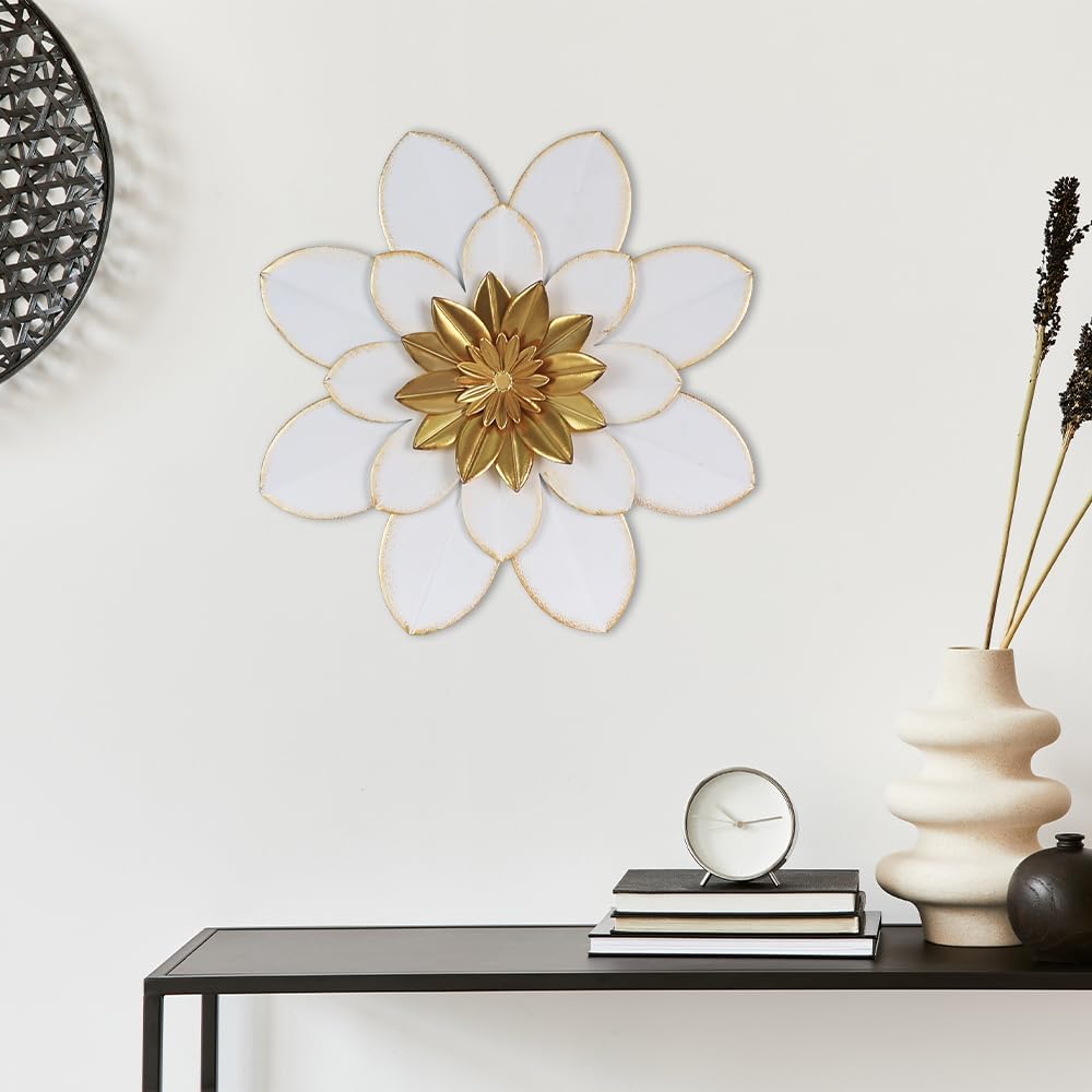 Metal Flower Wall Decor, 16" White Gold Floral Metal Wall Art Outdoor, Boho Farmhouse Modern Wall Decor, Porch
