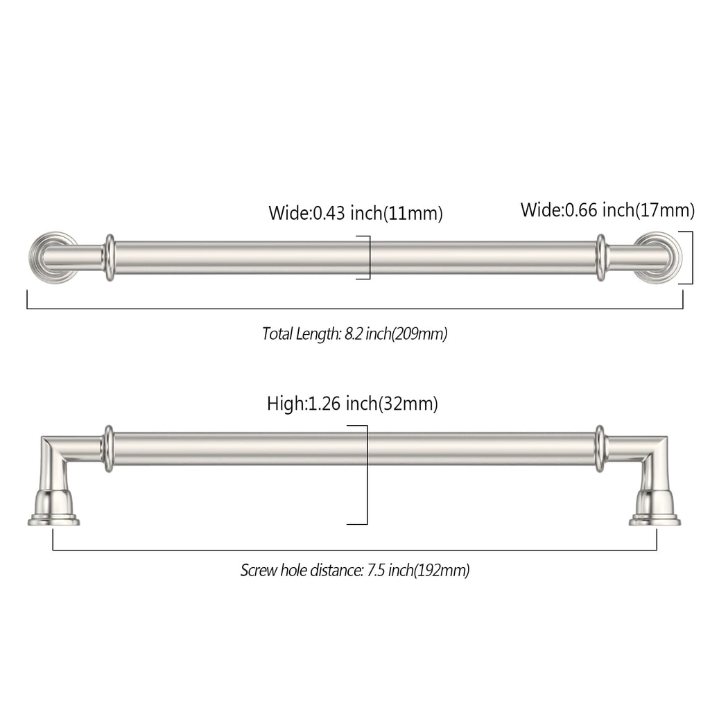 2 Pack 7.5 Inch(192mm) Brushed Nickel Cabinet Pulls Heavy-Duty Solid Kitchen Cabinet Handles Satin Nickel Drawer