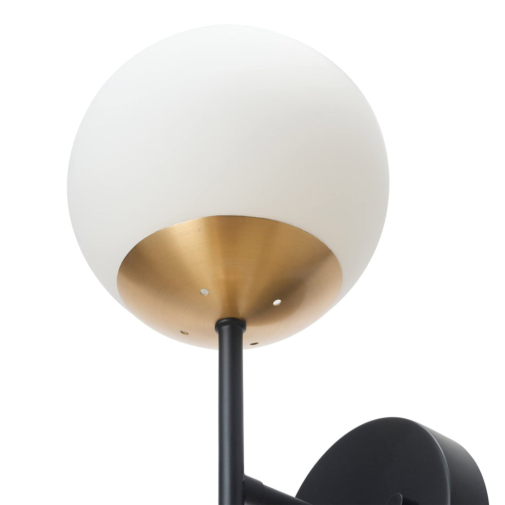 2-Light Wall Sconce, Matte Black, Antique Brass Accent Socket, Matte Opal Glass Shades, Modern Light, Dimmer Switch