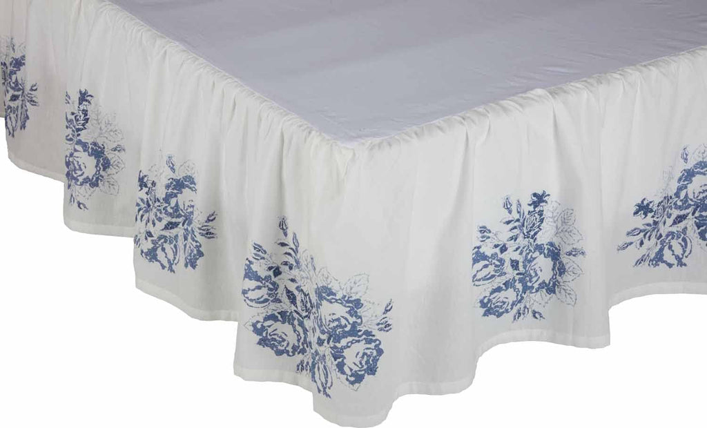 Lydia Blue King Size Bed Skirt 80" L x 78" W, 16" Drop, Split Corners, Vintage Farmhouse, Floral Dust Ruffle