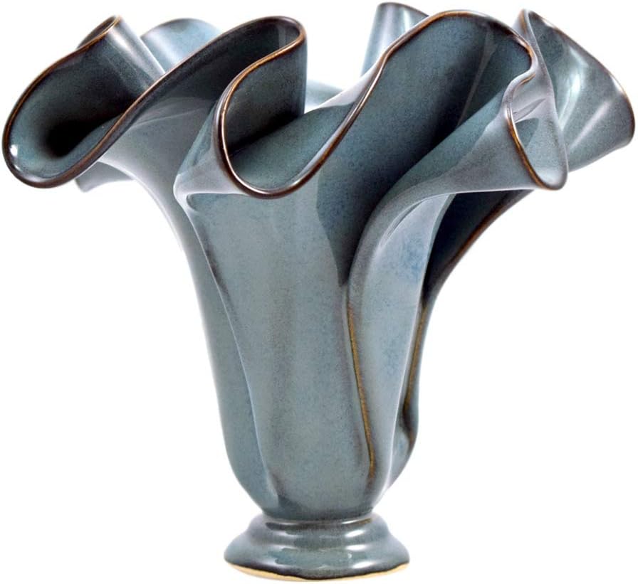 Contemporary Handmade Stoneware Pottery Ripple Vase in Steel Blue, 8.5"