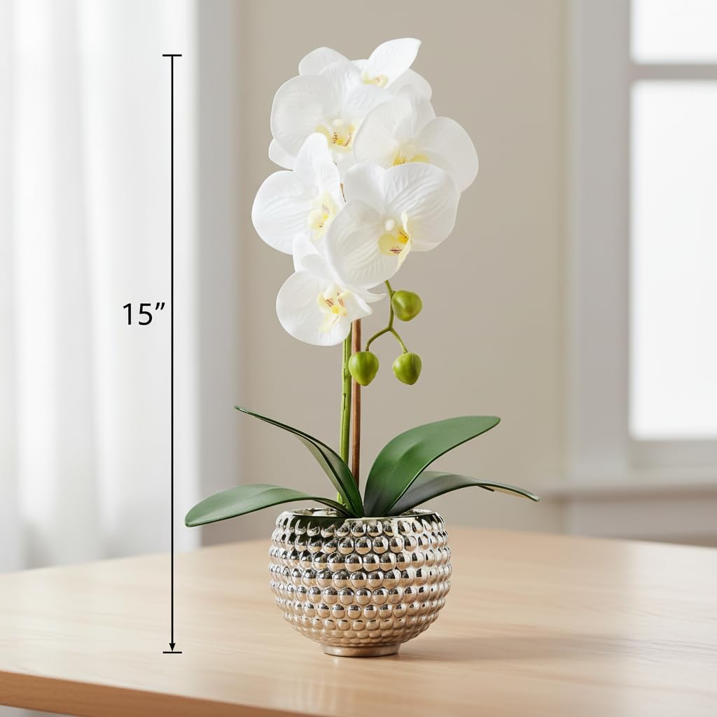 Fake Flowers with Vase, Large Orchids Artificial Flowers in Silver Pot Fake Orchid Fake Plant in Pots Artificial