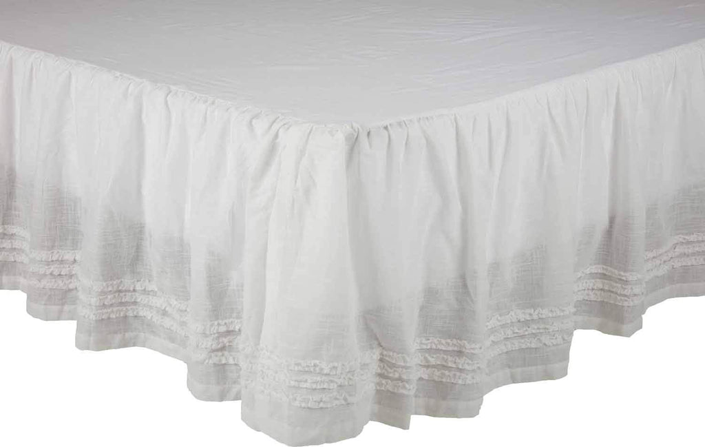 Kathryn California King Ruffled Bed Skirt w/a 16" Drop, Soft White Linen-Look Textured Fabric, Gathered Vintage