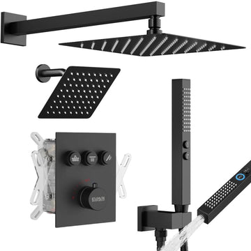 Thermostatic Shower System Matte Black, Shower Faucets Sets 12+ 6" Wall Mount Rain Shower and 2 in 1 Handhled, Can