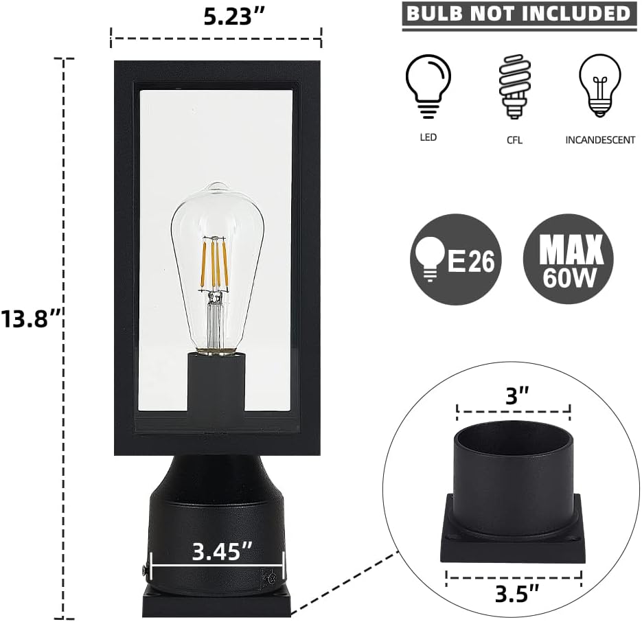Outdoor Post Light,Waterproof Cast Aluminium Lamp Post Light Fixture,Post Lantern with Pier Mount Base,Matte Black