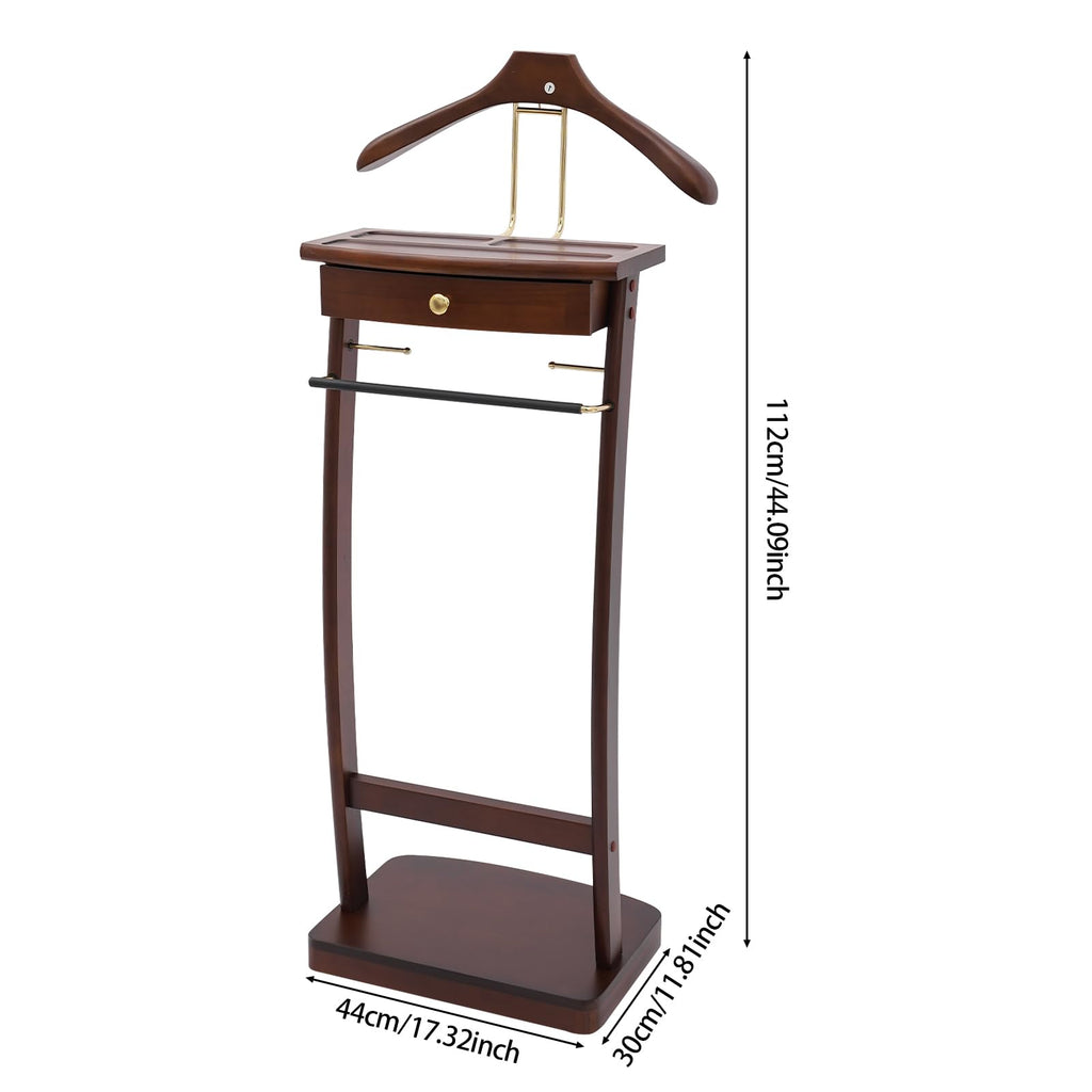 Wooden Freestanding Clothes Stand with Sturdy Base, Multi-functional Suit Valet Stand, Coat Rack with Top Drawer, Tie