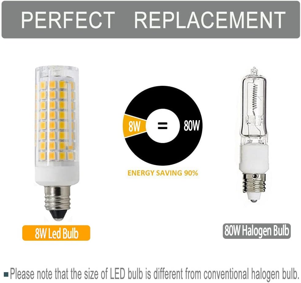 E11 Led,8W Dimmable E11 Mini Candelabra led,80W Halogen Bulb Replacement,800LM,AC110V-130V,JD T3/T4,Warm White