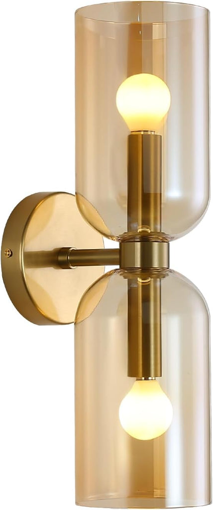 Minimalist 2-Light Gold Wall Sconces with Cylinder Glass Shades- Mid Century Vanity Wall Double Lights Hardwired
