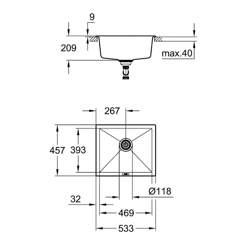 Quartz Composite Kitchen Sink with Overflow (Top Mount or Undermount, 1 Bowl 469 x 393 x 205 mm, Waste Kit