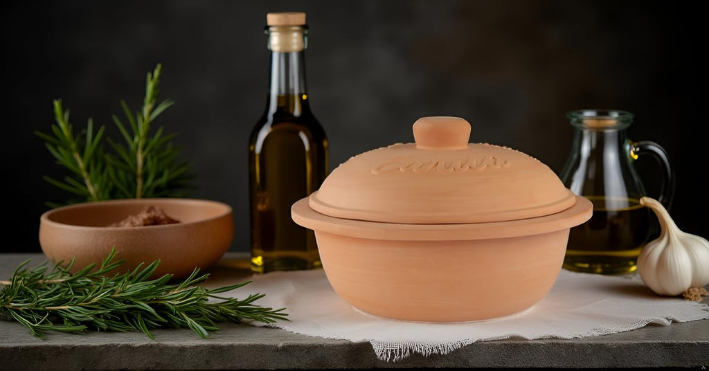 Eurita 4 Quart Terracotta Clay Non Stick Dutch Oven - Natural, Lead Cadmium‐Free, Oven & Microwave Safe, Rustic