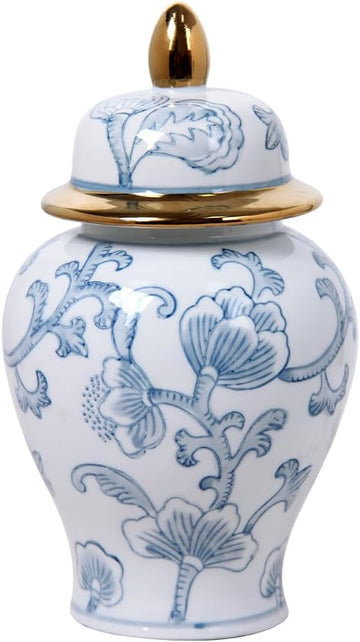 Blue and White Ginger Jar with Hand-Painted Floral Design, Ceramic Decorative Vase with Gold Trim Lid, Chinoiserie
