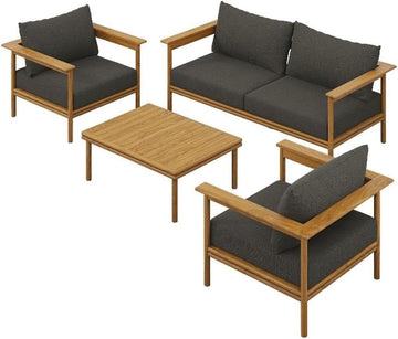 Wren Teak Wood Outdoor Patio 4 Piece Furniture Set in Natural Flint Gray