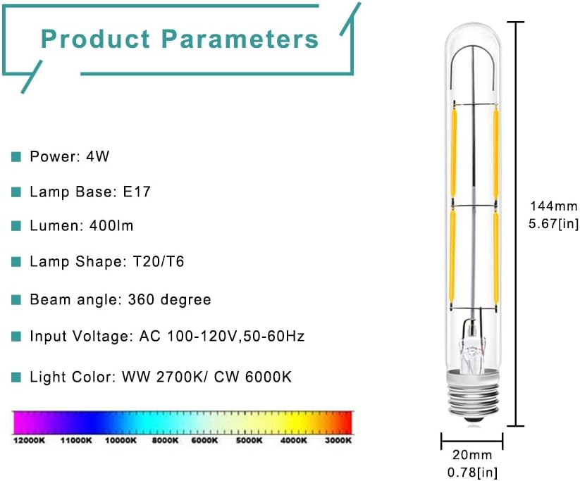 4W LED T6.5 Tubular Filament Bulb Dimmable, E17 Intermediate Base T6.5 LED Appliance Light 5.7" Length 40W