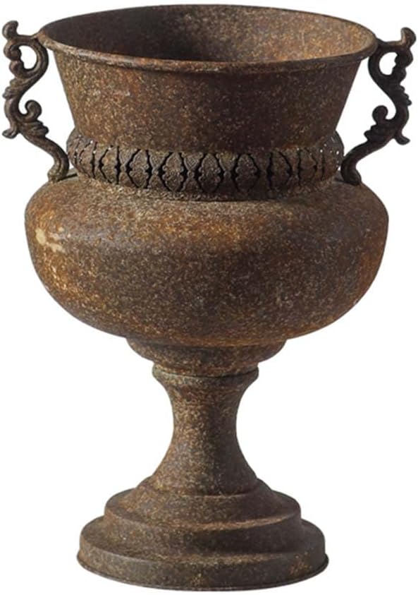 Metal Urn Planter with Handles, Rustic Brown | Ornate Scroll Handles, Pedestal Base Design, Indoor & Outdoor Use