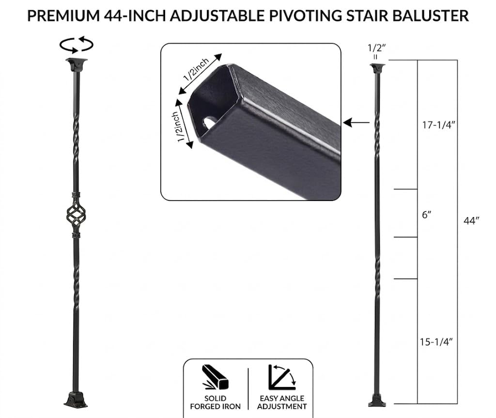 16-Pack Iron Balusters for Stairs, 1/2"x44" Hollow Double Twist and Single Basket Metal Stair Spindles, Satin Black
