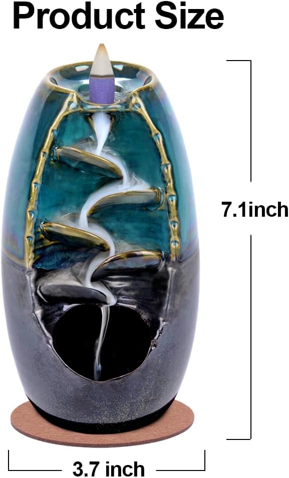 Ceramic Backflow Incense Holder Waterfall Incense Burner, Blue - Set of 150