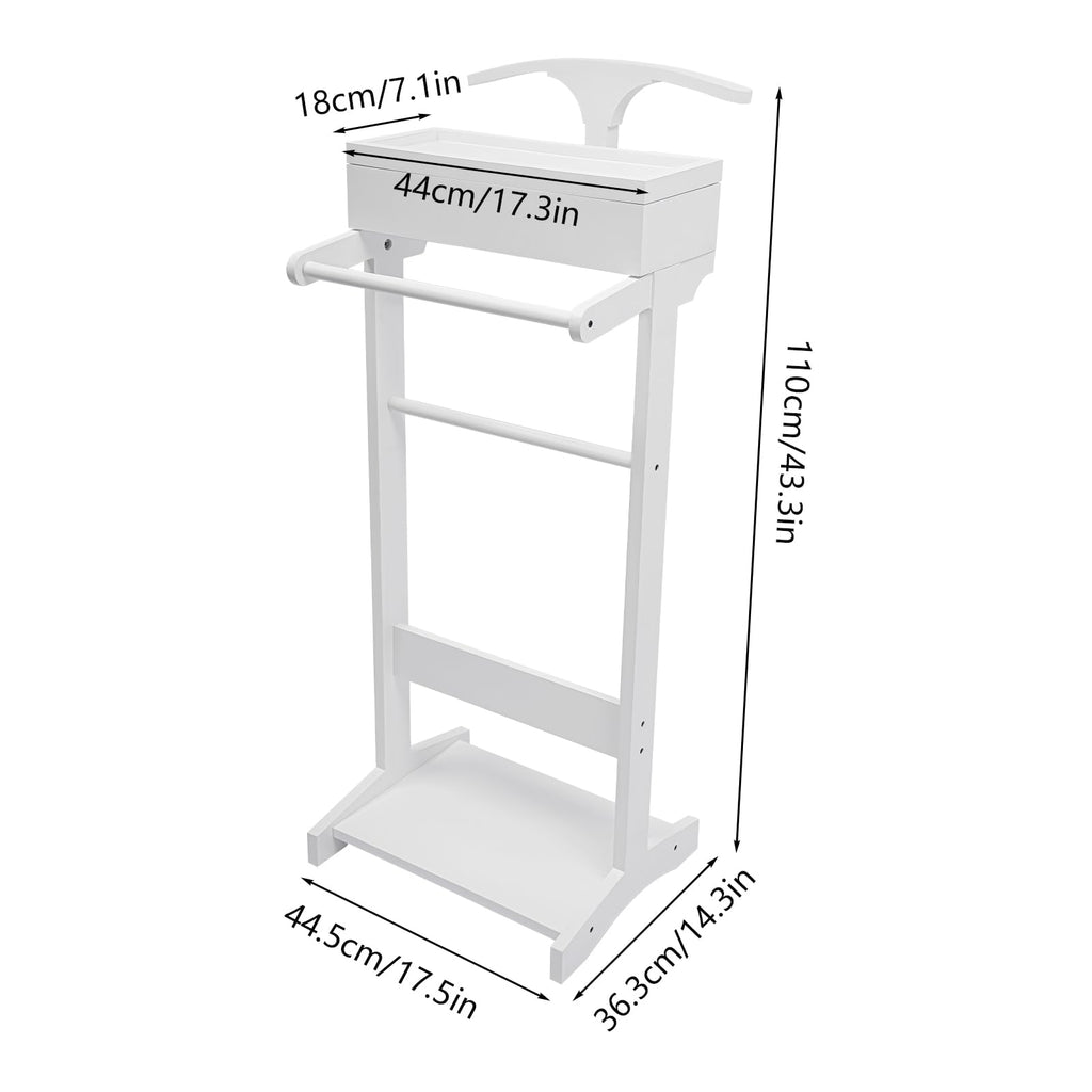 Valet Stand with Drawer and Top Tray, Wood Mens Suit Valet Stand with Wood Base, Freestanding Clothes Valet Stand