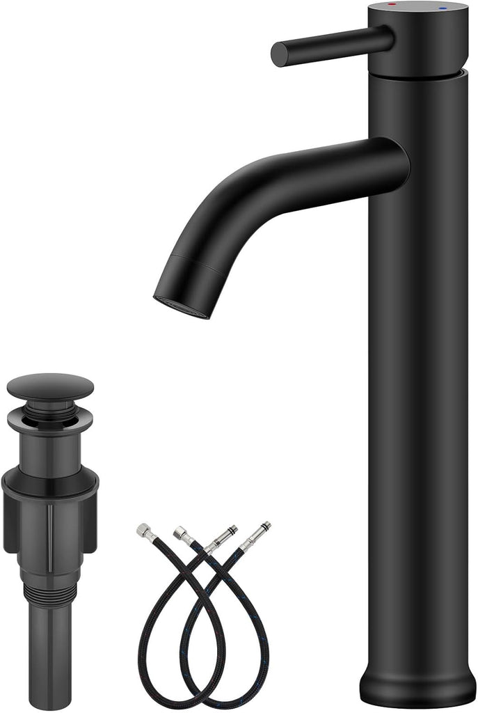 Matte Black Vessel Sink Faucet Bathroom Faucet Tall Stainless Steel Bathroom Sink Faucet Single Handle One Hole Round