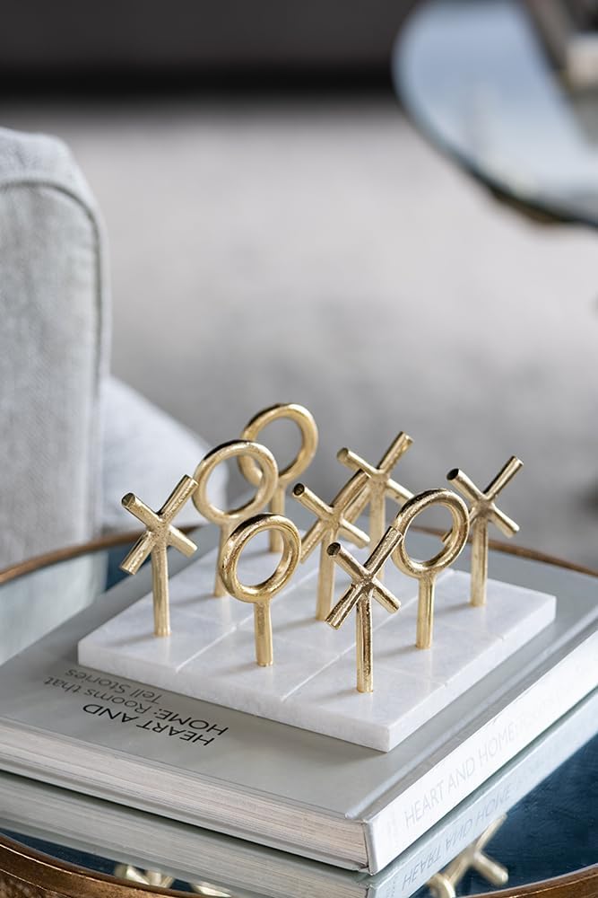 6.4" Banswara Marble Tic Tac Toe Game Set w/Gold Metal Pieces Luxury Decor