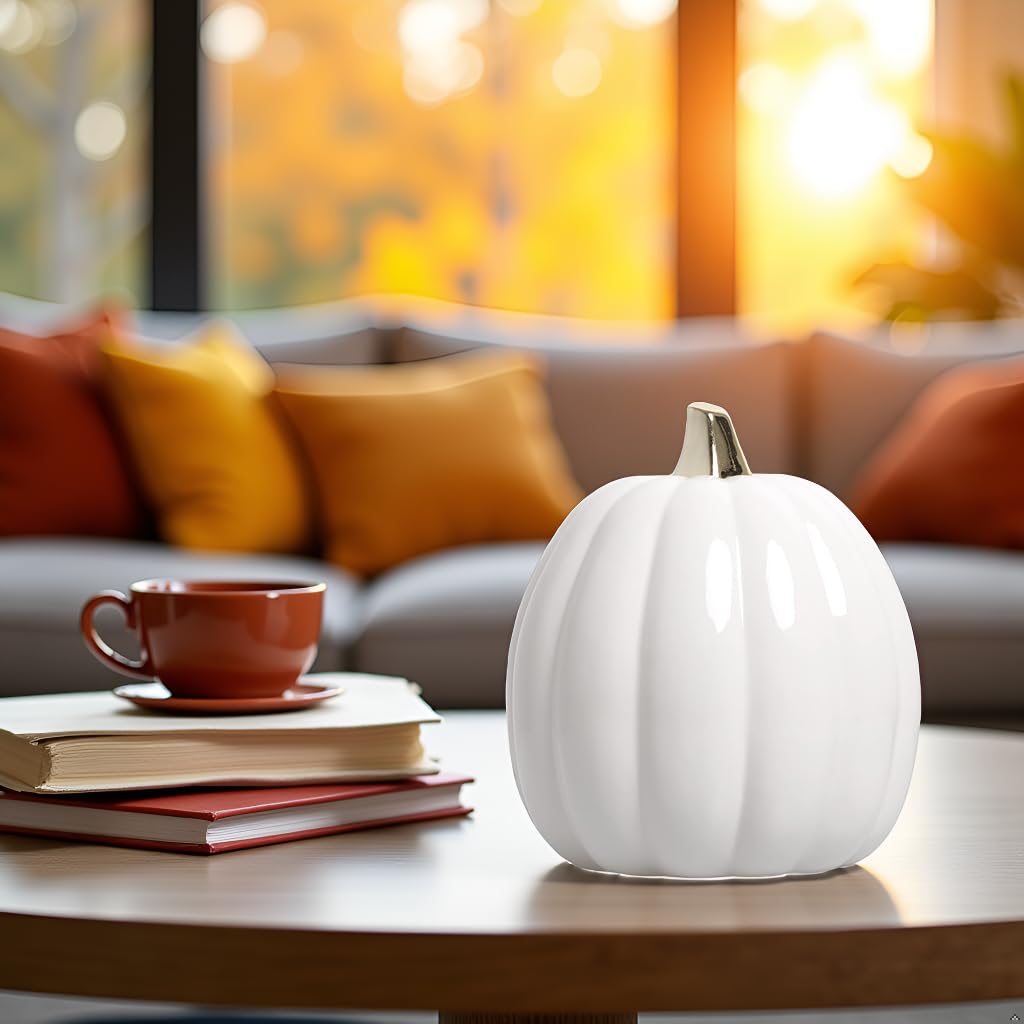 Ceramic Pumpkin Fall Decor with Gold Stem, White