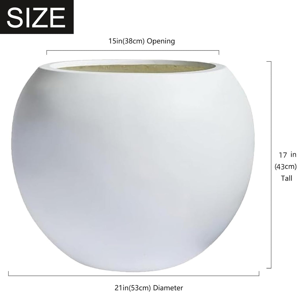 17" H x 21" Dia White Fiberstone Planter Pot with Drainage Hole, Extra Large Round Indoor Outdoor Flower Pot for