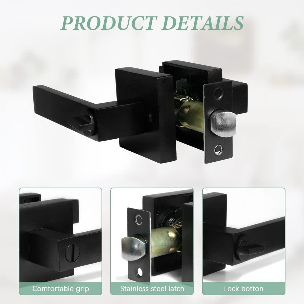 Bedroom/Bathroom Door Handles Levers Square Plate Interior Privacy Door Locksets,Matte Black (6Pack)