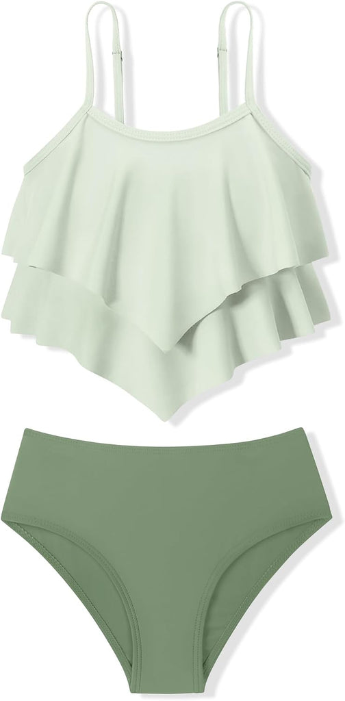 Girls Swimsuit 2 Piece Bikini Set Tiered Ruffled Bathing Suit Adjustable Straps Girls' Swimwear