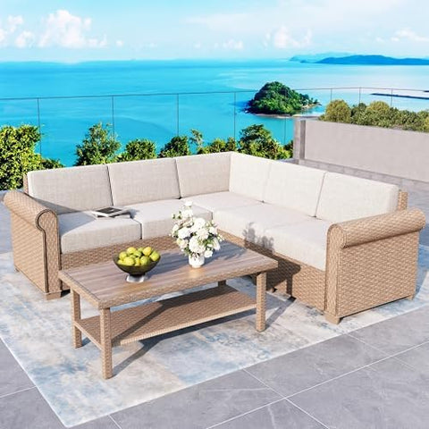 6-Piece Wicker Outdoor Patio Furniture Set | Beige All-Weather Resistant for Backyard, Garden & Porch