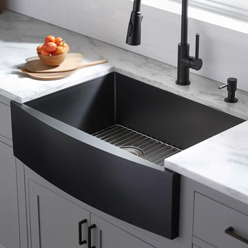 33 inch Black Farmhouse Sink, Modern Single Bowl Stainless Steel Apron Front Farmhouse Kitchen Sink with Dish Grid