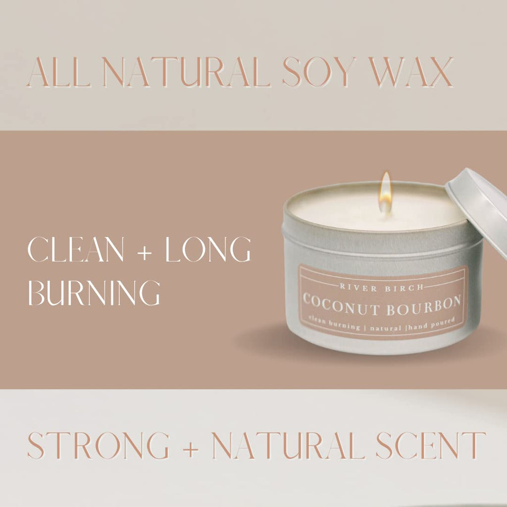 Birch Premium All-Natural, Non-Toxic Soy | 8 oz. Silver Tin Travel | Cozy Relaxing Coconut Bourbon Scented Gifts