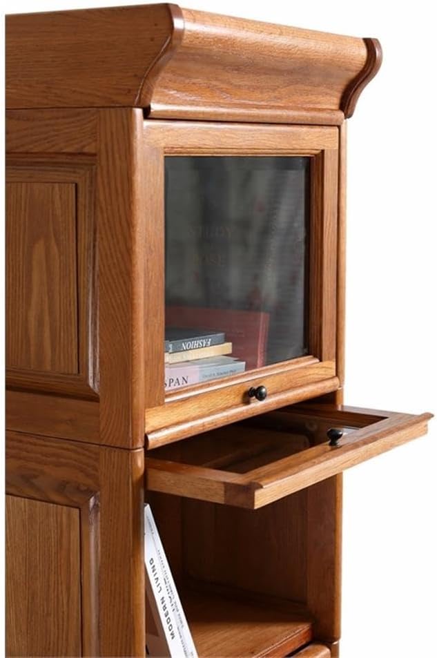 Modern Wood Narrow Barrister Bookcase, Cherry Oak Finish, 67.5" H x 18" W x 17" D, 4 Stacks with Beveled Glass Doors