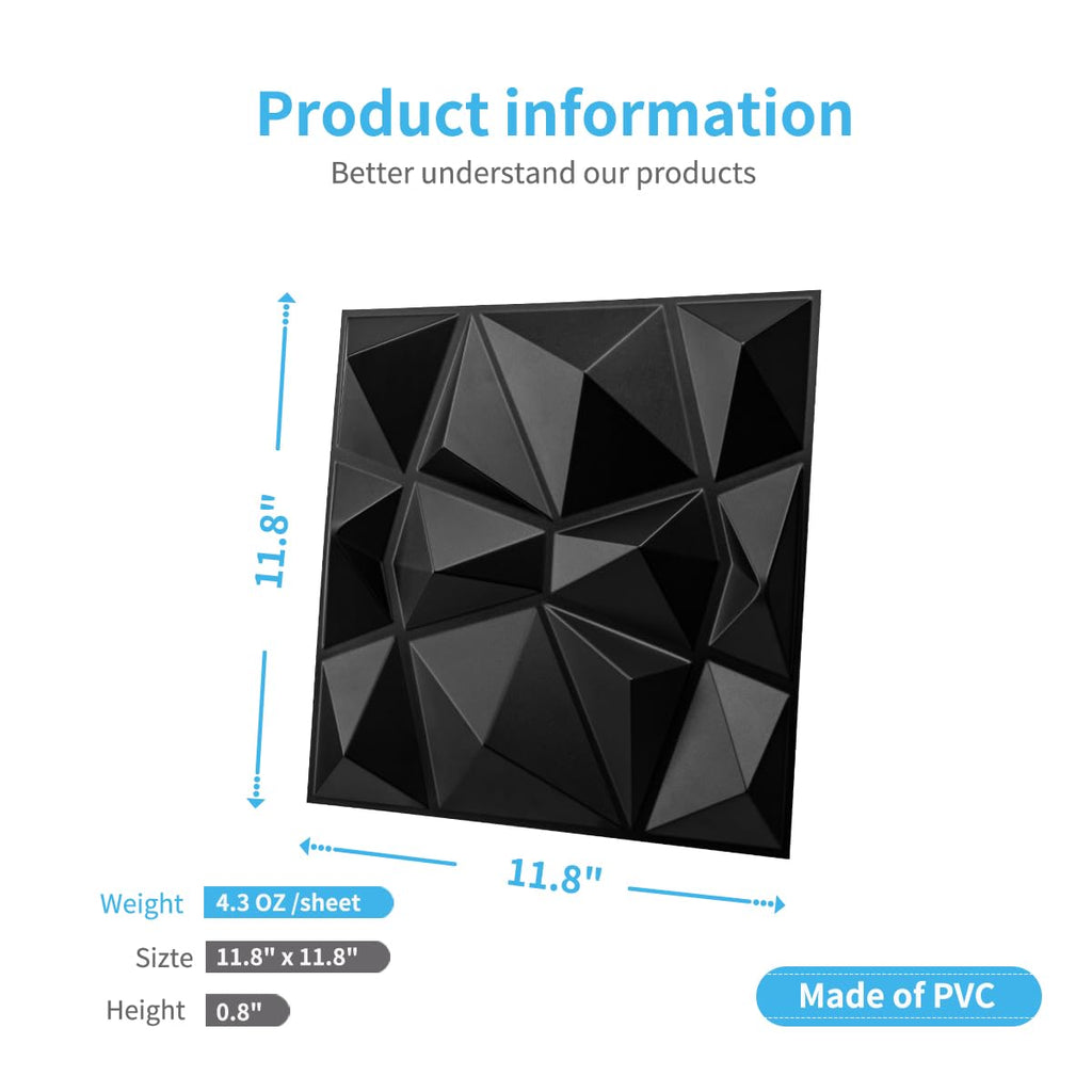 Decorative 3D Wall Panels in Diamond Design, 12"x12" Matt Black Decor (33 Pack)
