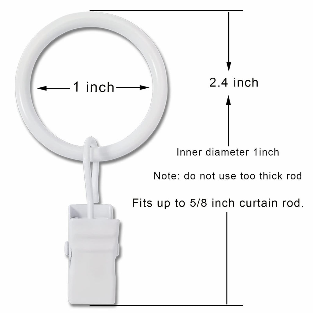 44 Pack Curtain Rings with Clips, 1 in ID, White