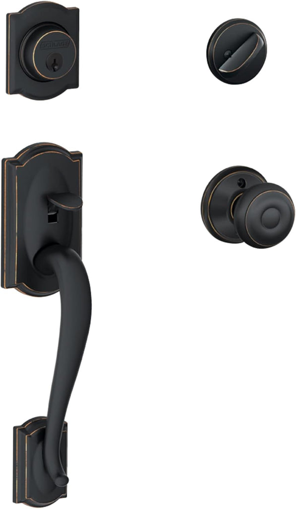 F60 V CAM 716 GEO Camelot Front Entry Handleset with Georgian Knob, Deadbolt Keyed 1 Side, Aged Bronze - Door Handleset