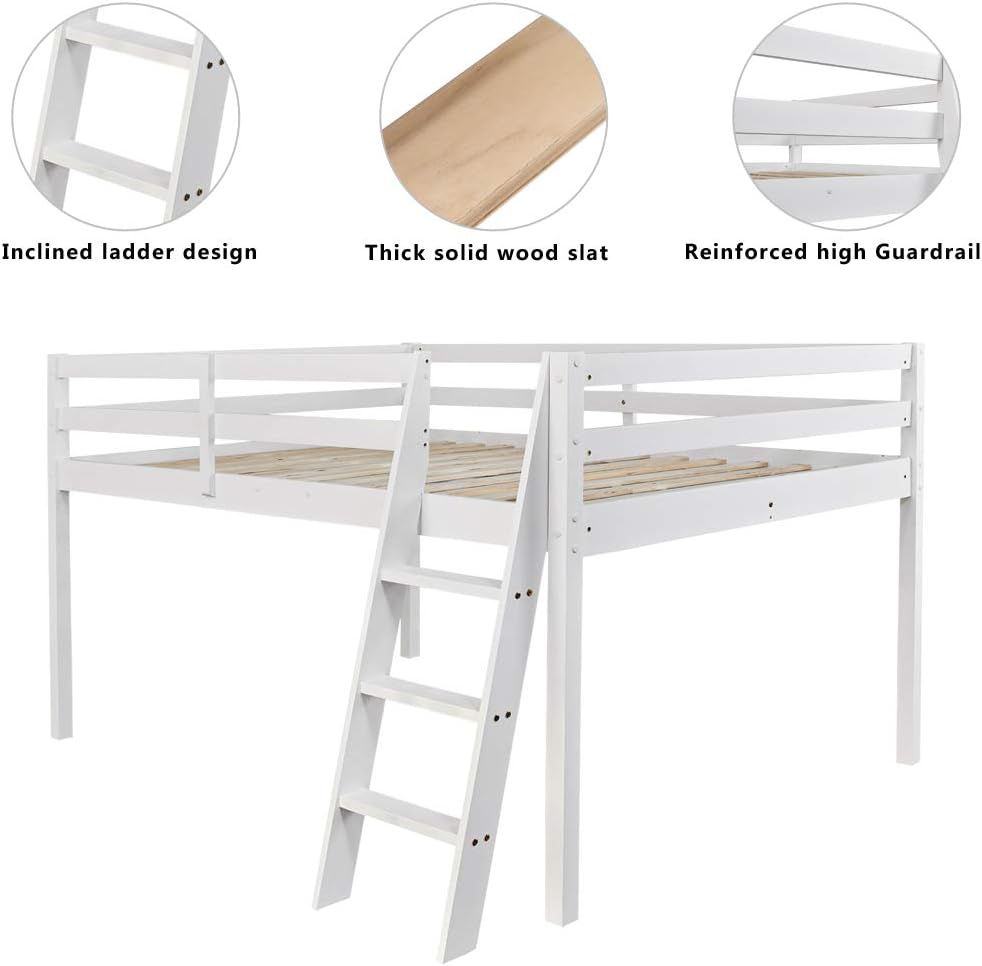 Junior Low Loft Bed with Stairs, White Wood Loft Bed Full for Adults, Kids and Young Teens