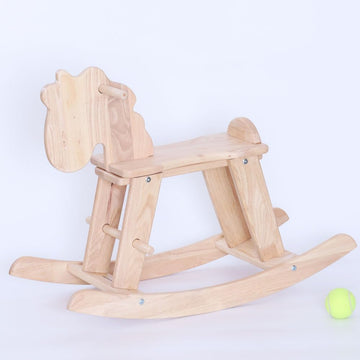 Natural Wooden Rocking Horse for Preschool (Ages 3-6) - Solid Rubber Wood, Safe & Comfortable Footrest, Supports
