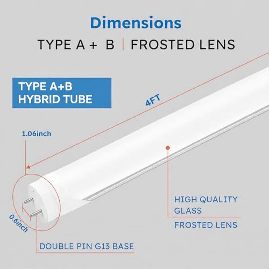 T8 LED Tube Lights 4ft, 48 Inch Fluorescent Replacement Bulbs, 5000K Pure Daylight, Hybrid Type A+B