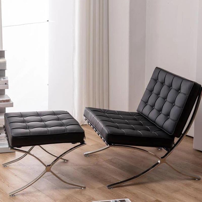 Inspired Barcelona Style Leather Lounge Chair and Ottoman — Black Oiled Leather, Extended Seat (31.5″L)