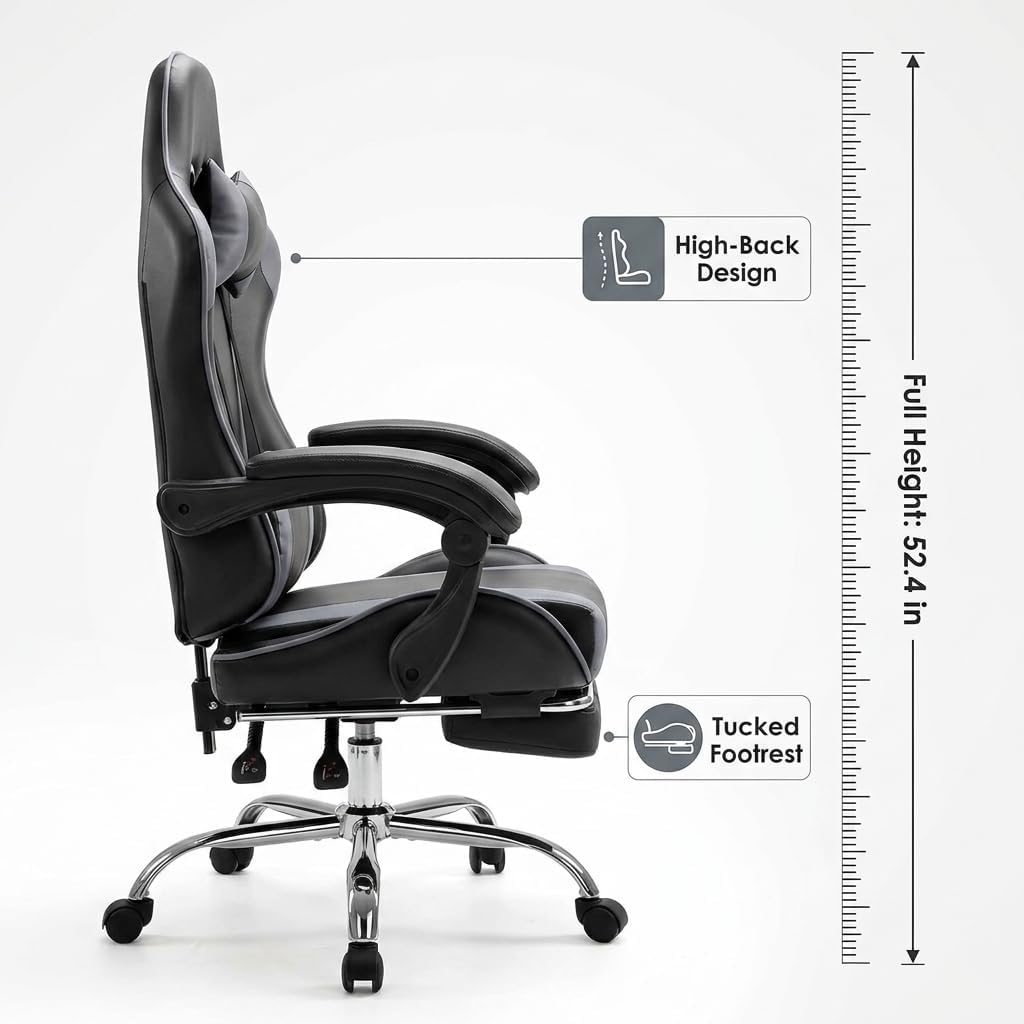 Racing E-Sports Gaming Chair - Ergonomic Grey PU Leather Computer Desk Chair with Footrest, High Back Recliner with
