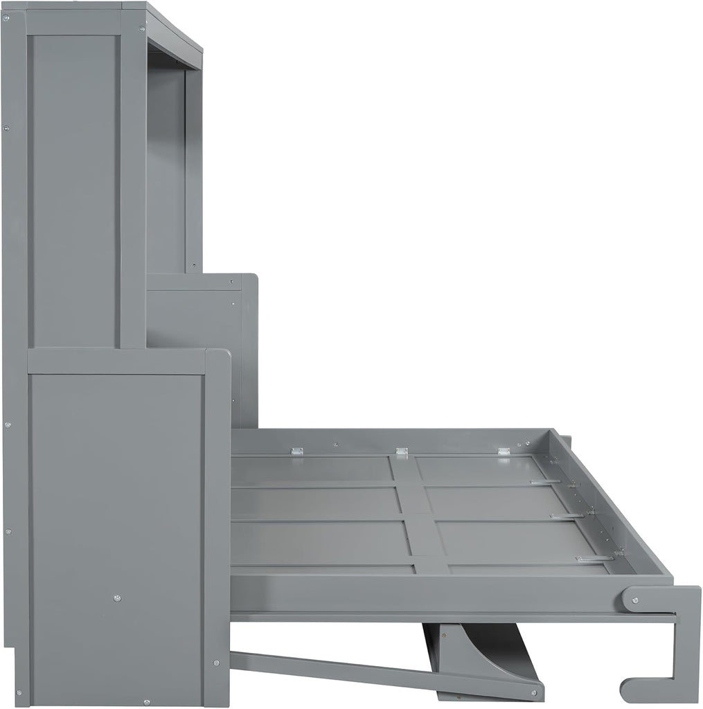 Queen Horizontal Murphy Bed with Desk,Wood Folding Hideaway Murphy Wall Bed for Adult,Guest Room,No Box Spring