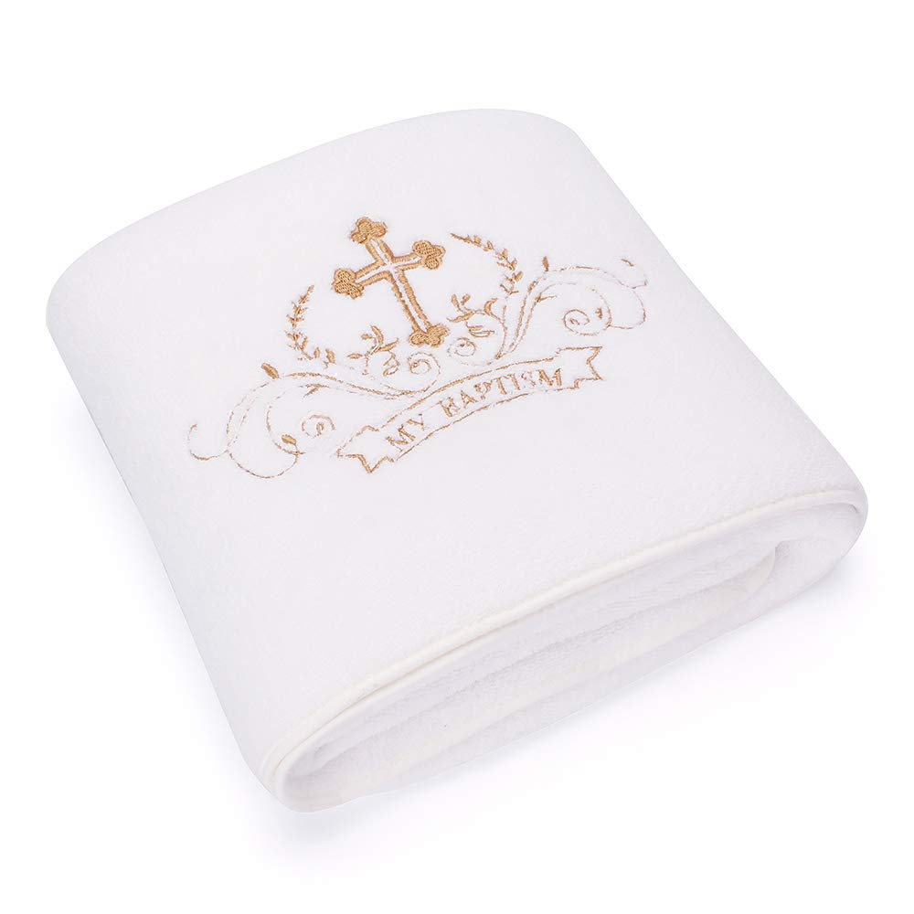 My Baptism Baby Christening Dedication White Blanket with Embroidered Cross Premium Soft Warm Cozy Coral Fleece