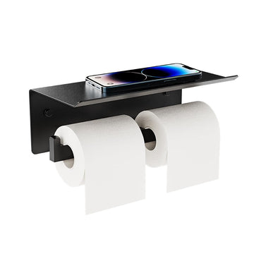 Double Toilet Paper Holder with Shelf, Tissue Holder Matte Black, Wall Mount Commercial Toilet Paper Dispenser Phone