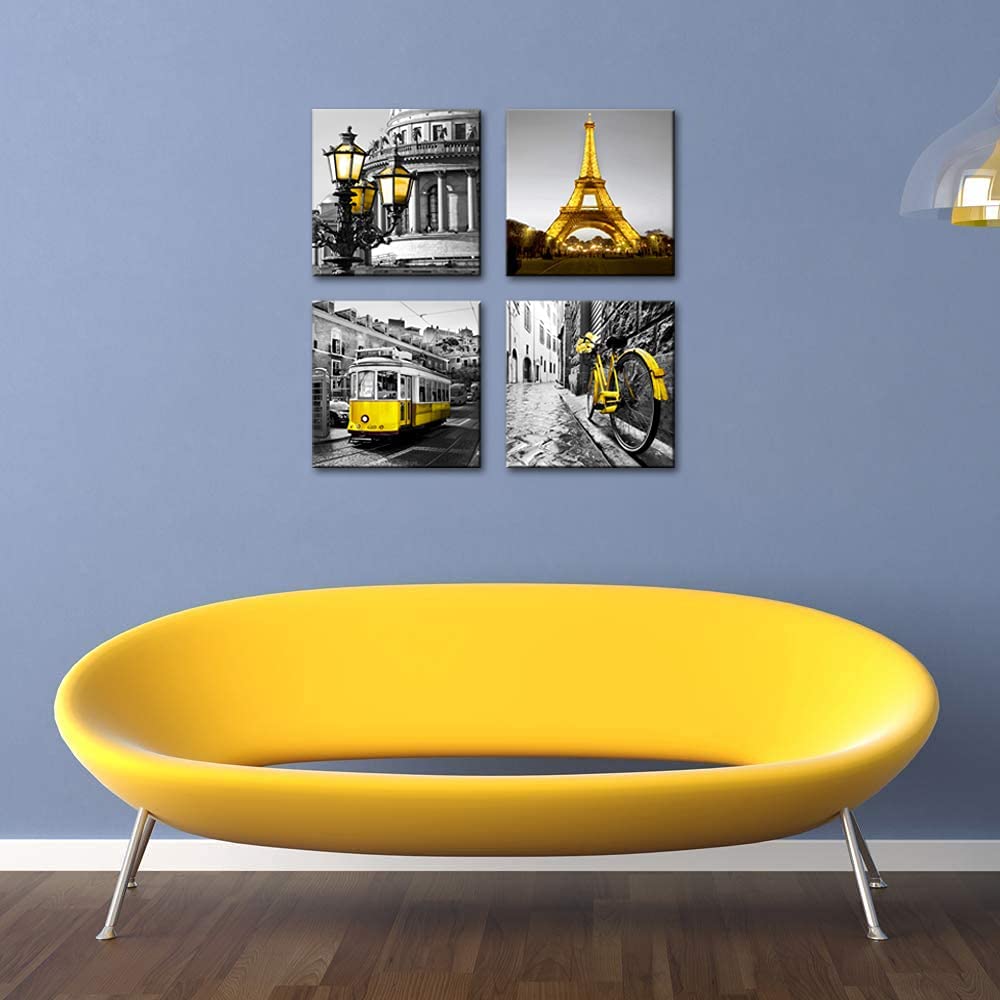 London Paris Decor Wall Canvas Print Black and White Eiffel Tower 4 Panels Yellow Pictures Decorations Living Room