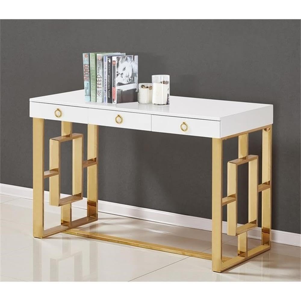 Barento 47" White Gloss Rectangular Computer Desk with 3 Drawers and Ring Handles, Stainless Steel Sled Base