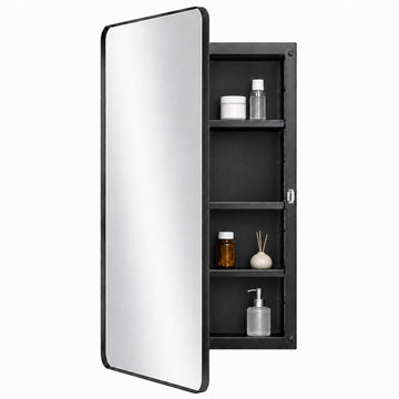 Plastic Black Medicine Cabinet 16x28 Beveled Mirror, Recessed/Surface Mount