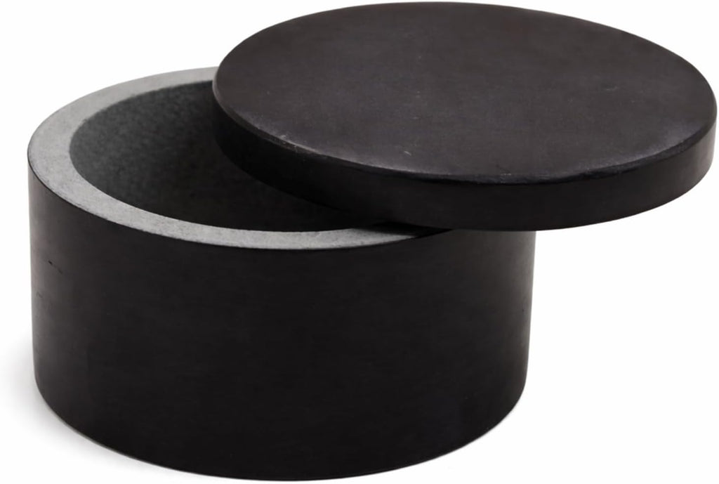 Marble Black Salt Box With Lid, Round, 3.5 x 3.5 x 2 Inch