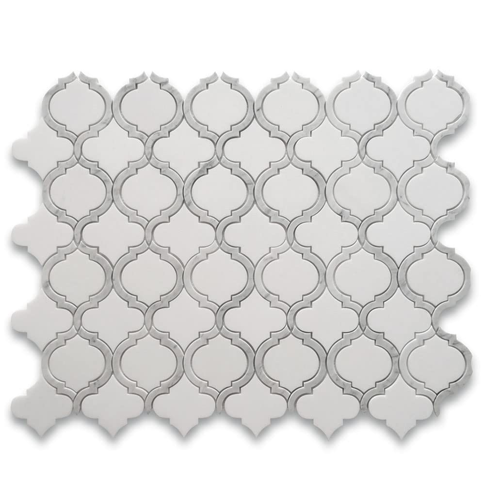 Thassos White Marble Waterjet Arabesque Baroque Grand Lantern Mosaic Tile w/Carrara White Outline Honed Kitchen Bath