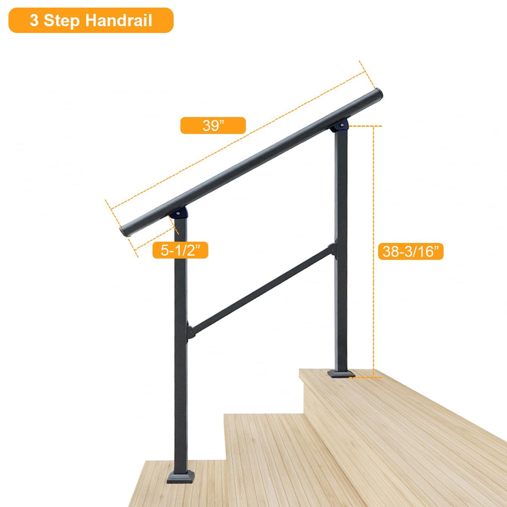 3 Step Handrail, Black Iron Stair Railing, Outdoor Indoor, 2 Pack